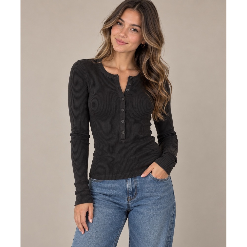 Rag & Bone The Knit Ribbed Henley Top Black Long Sleeve Stretchy XXS